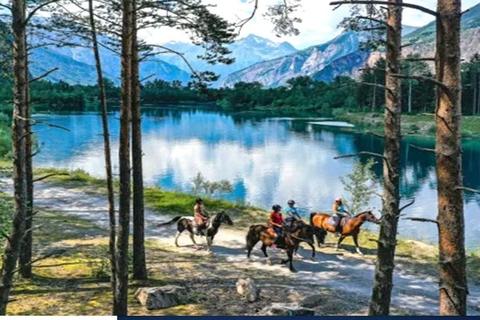 Balade à cheval au bord d'un lac de montagne de l'Oisans